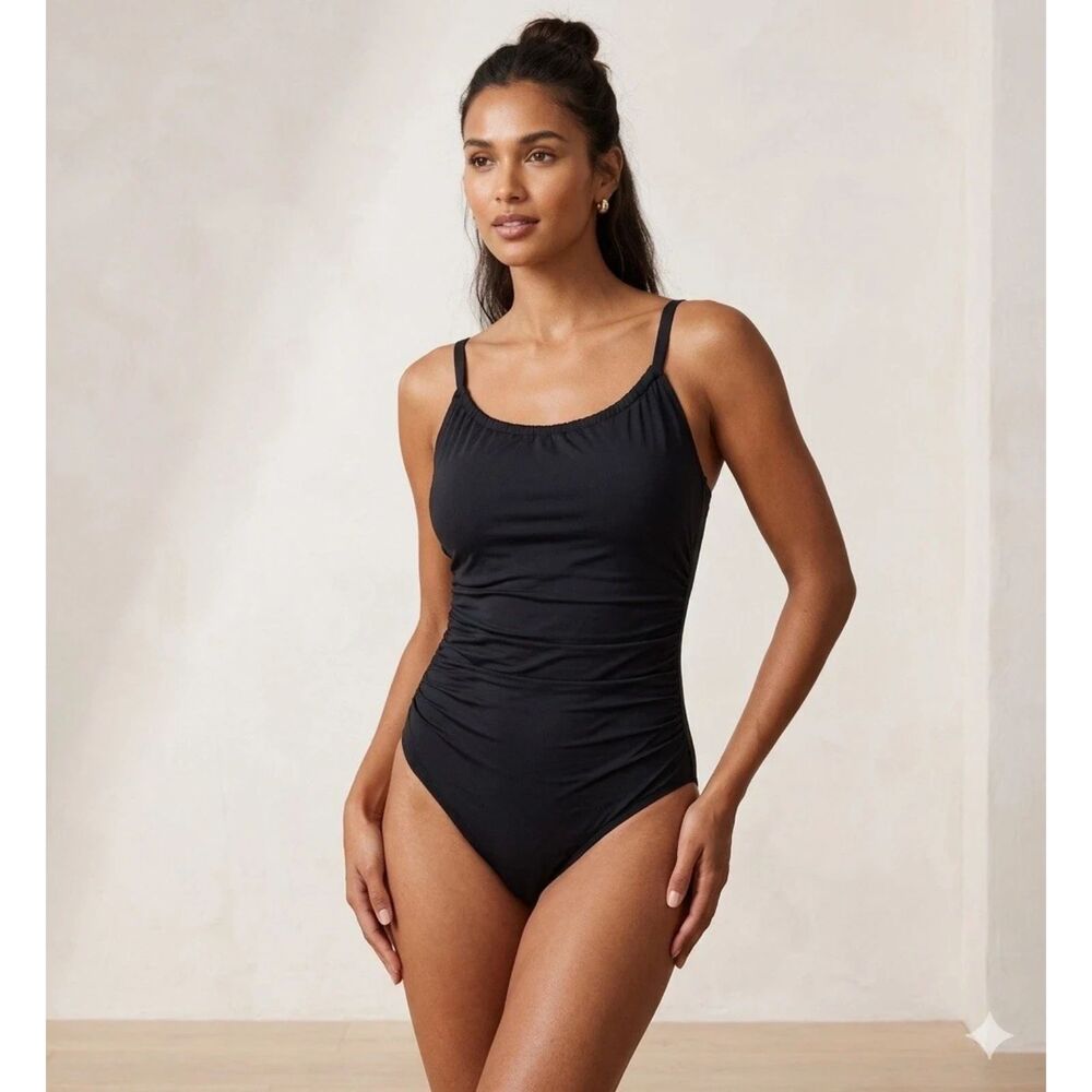 Jantzen Swim Suit Womens Size 6 Black Shelf Bra Ruched Sides High Neck New